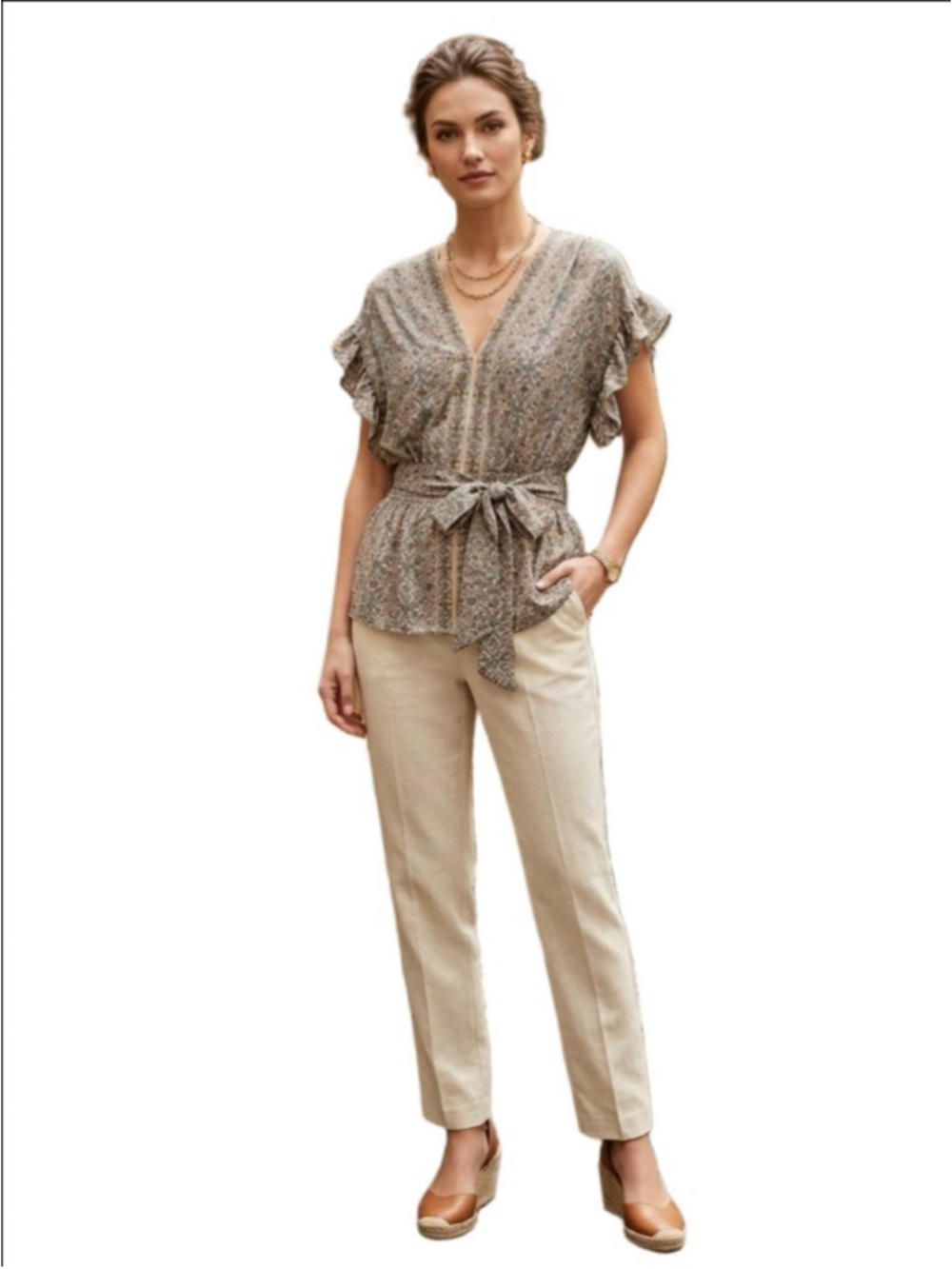 Max Studio Boho Floral Blouse XL NWOT Tie Waist Ruffle Sleeve V Neck Peplum